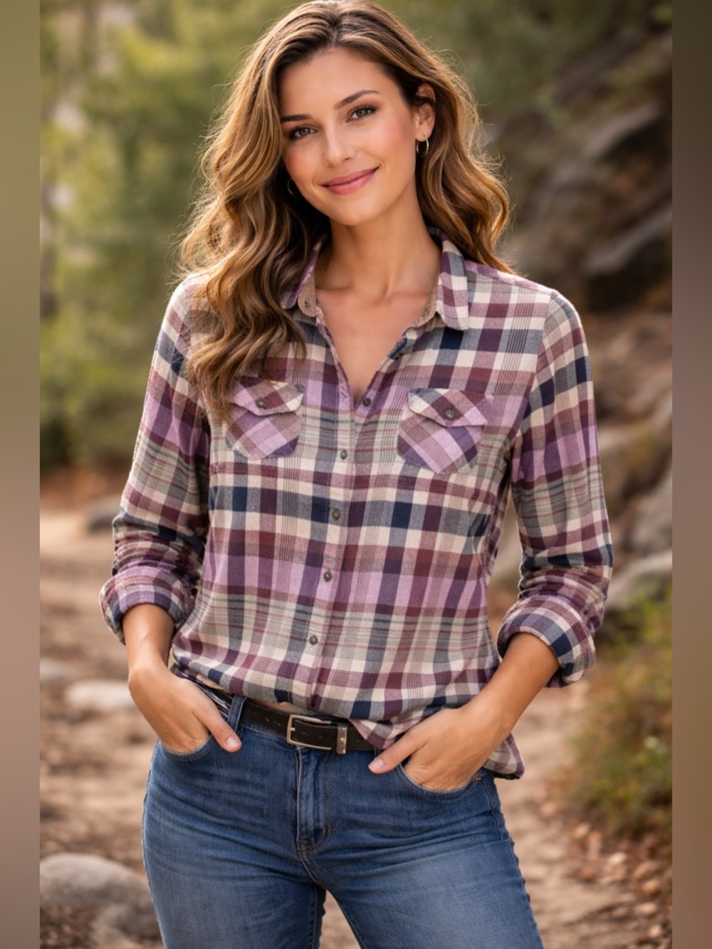 Kuhl Shirt Women's Medium Tess Flannel‎ Plaid Snaps Outdoor Casual Purple White